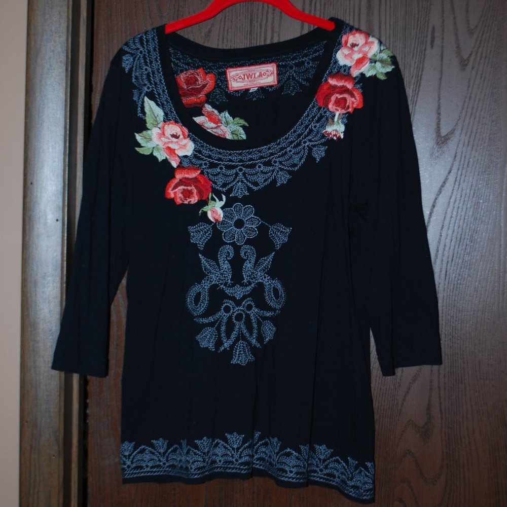 Johnny Was Black Top with Red and Blue Embroidery